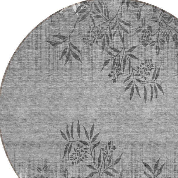 8' Gray Charcoal And Ivory Round Floral Washable Indoor Outdoor Area Rug