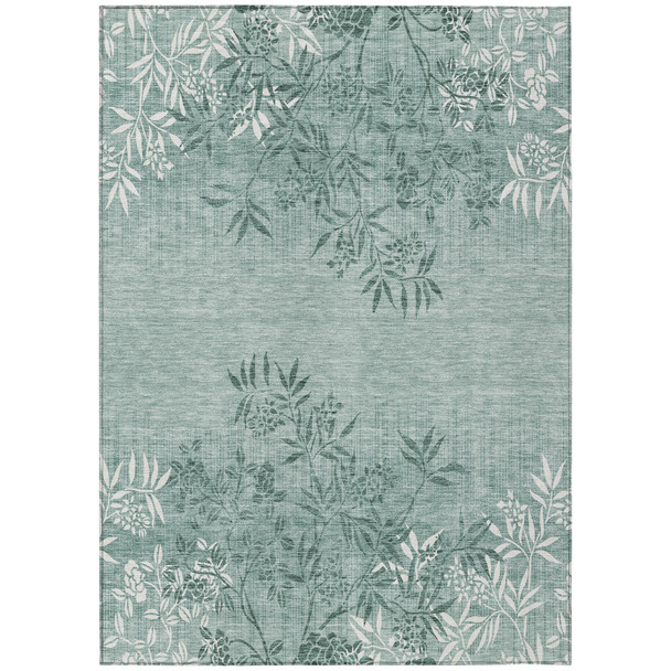9' X 12' Sage Fern Green And Ivory Floral Washable Indoor Outdoor Area Rug