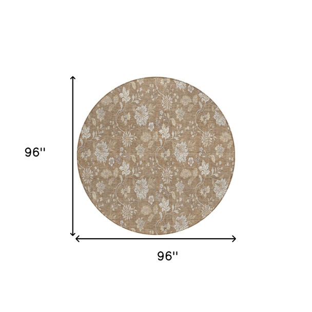 8' Copper And Beige Round Floral Washable Indoor Outdoor Area Rug