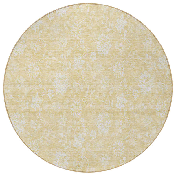 8' Yellow Wheat And Ivory Round Floral Washable Indoor Outdoor Area Rug