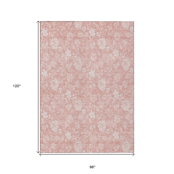 8' X 10' Pink Ivory And Blush Floral Washable Indoor Outdoor Area Rug