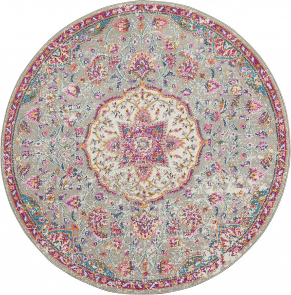 4' Gray And Ivory Medallion Round Rug