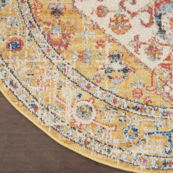 5' Yellow And Ivory Floral Medallion Round Rug
