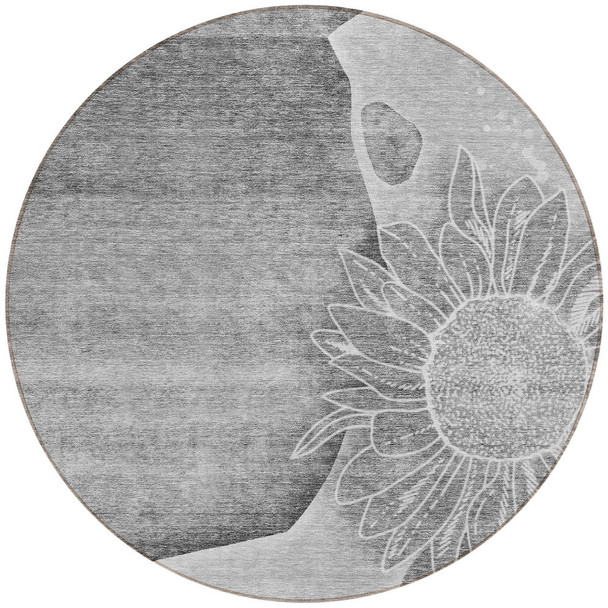 8' Gray Silver And Charcoal Round Floral Washable Indoor Outdoor Area Rug
