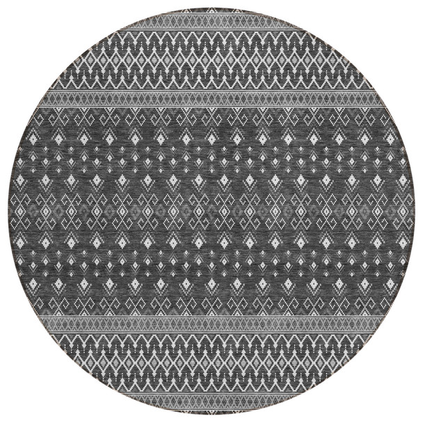8' Gray Silver And Charcoal Round Tribal Washable Indoor Outdoor Area Rug