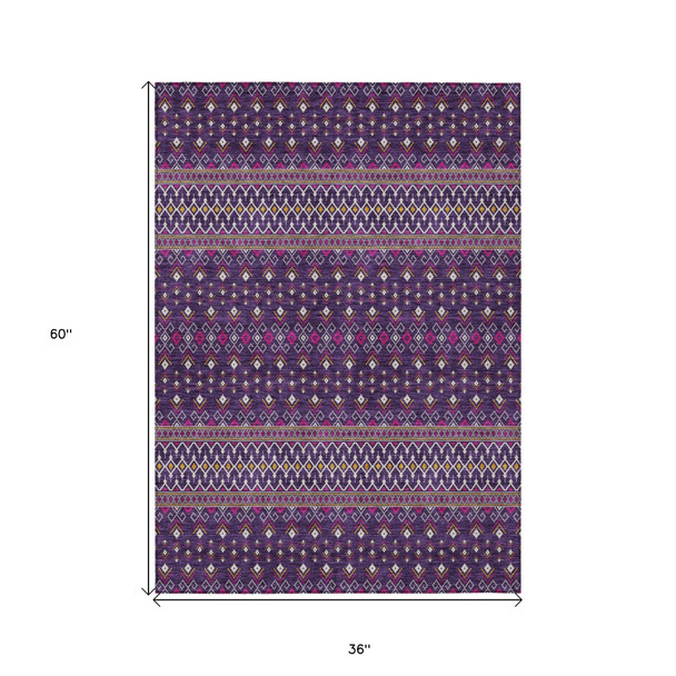 3' X 5' Purple Pink And Yellow Tribal Washable Indoor Outdoor Area Rug