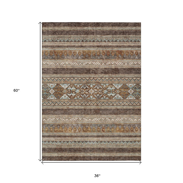 3' X 5' Chocolate And Gray Southwestern Washable Indoor Outdoor Area Rug