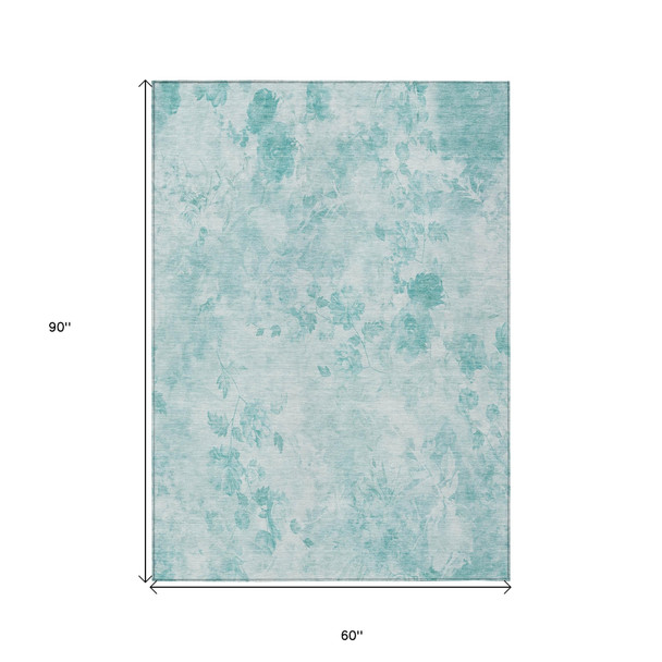 5' X 8' Aqua Teal Blue And Ivory Floral Washable Indoor Outdoor Area Rug