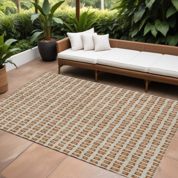 8' X 10' Orange Beige And Copper Geometric Washable Indoor Outdoor Area Rug