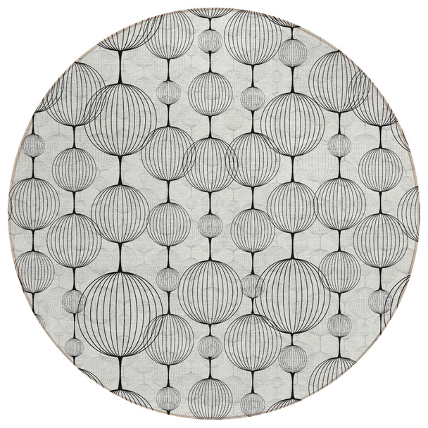 8' Graphite Gray And Silver Round Geometric Washable Indoor Outdoor Area Rug