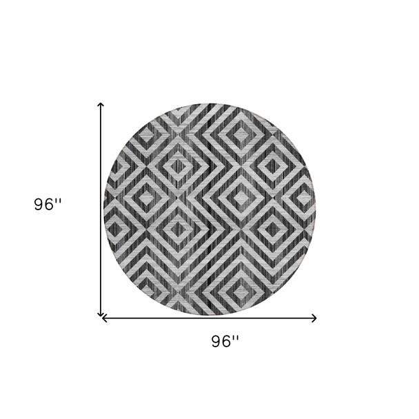 8' Black Gray And Silver Round Geometric Washable Indoor Outdoor Area Rug
