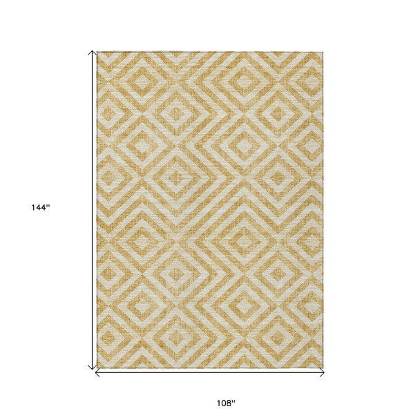 9' X 12' Gold Beige And Ivory Geometric Washable Indoor Outdoor Area Rug