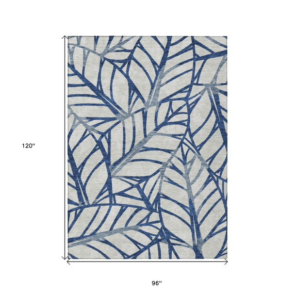 8' X 10' Navy Blue And Beige Floral Washable Indoor Outdoor Area Rug