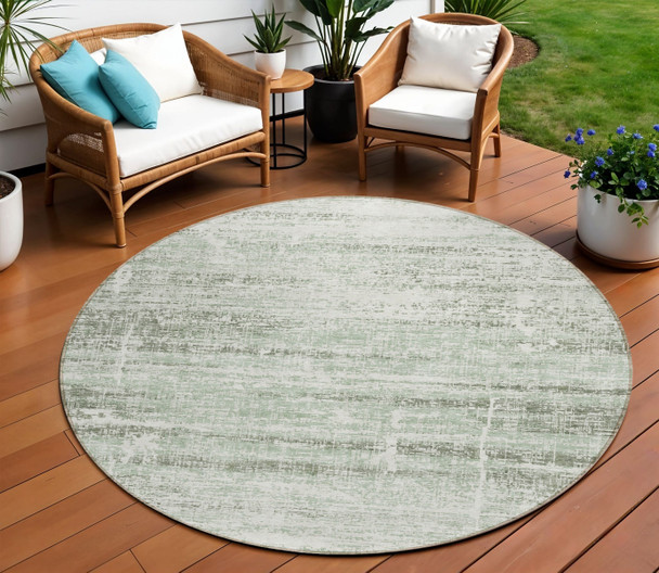 8' Sage Artichoke Green And Ivory Round Abstract Washable Indoor Outdoor Area Rug