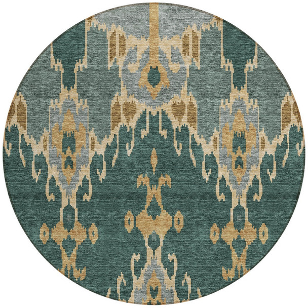8' Green Gray And Gold Round Ikat Washable Indoor Outdoor Area Rug