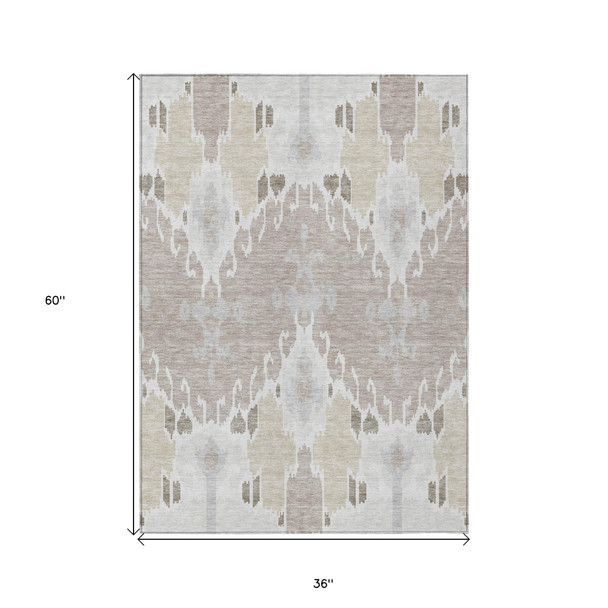 3' X 5' Ivory Beige And Taupe Ikat Washable Indoor Outdoor Area Rug