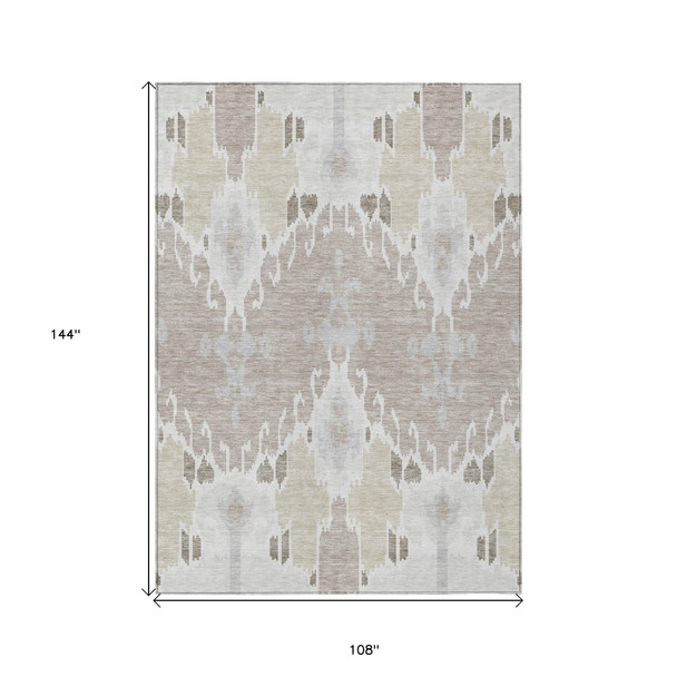 9' X 12' Ivory Beige And Taupe Ikat Washable Indoor Outdoor Area Rug