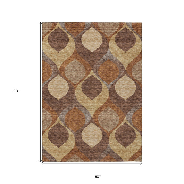 5' X 8' Copper Beige And Taupe Ogee Washable Indoor Outdoor Area Rug