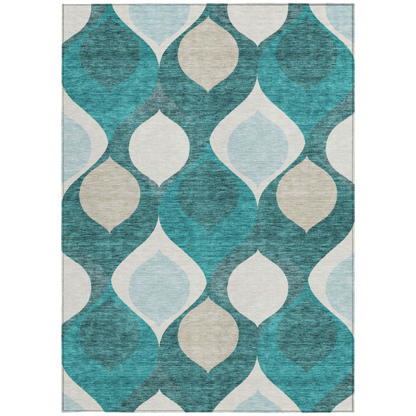 3' X 5' Teal Blue Sky Blue And Ivory Ogee Washable Indoor Outdoor Area Rug