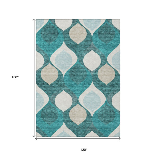 10' X 14' Teal Blue Sky Blue And Ivory Ogee Washable Indoor Outdoor Area Rug