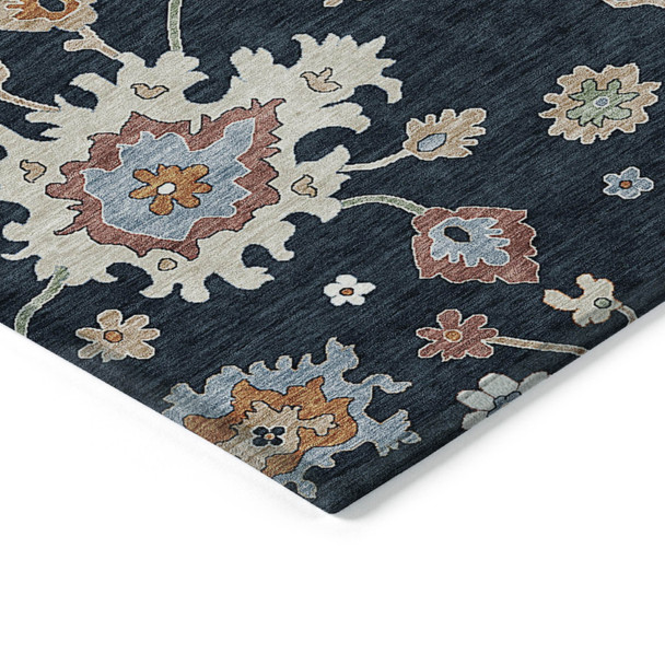 9' X 12' Black Blue And Ivory Floral Washable Indoor Outdoor Area Rug