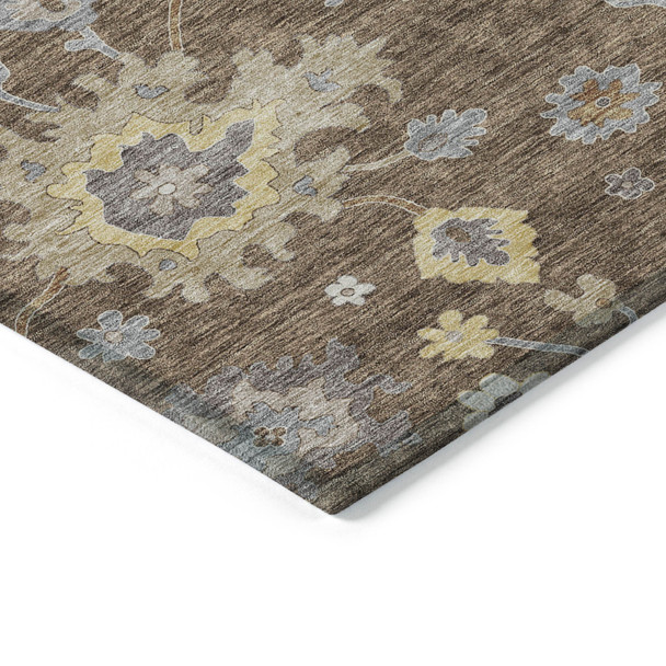5' X 8' Chocolate Taupe And White Floral Washable Indoor Outdoor Area Rug