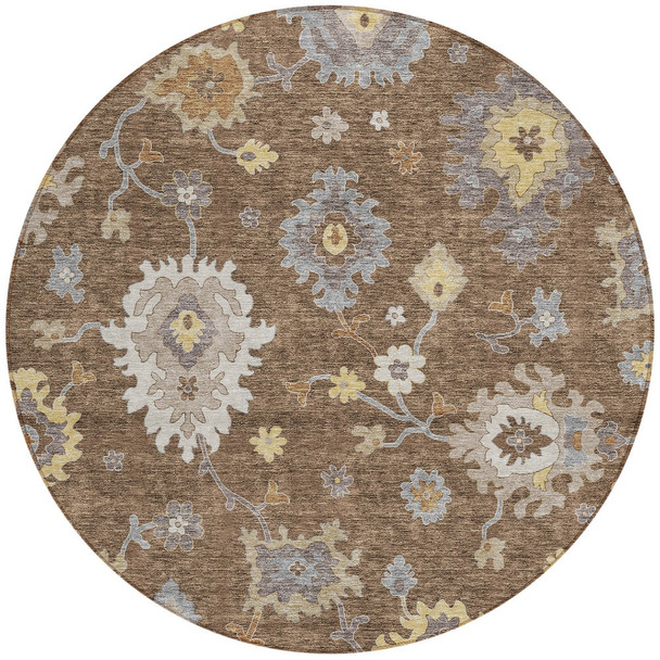 8' Chocolate Taupe And White Round Floral Washable Indoor Outdoor Area Rug