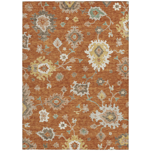 10' X 14' Orange Ivory And Gray Floral Washable Indoor Outdoor Area Rug