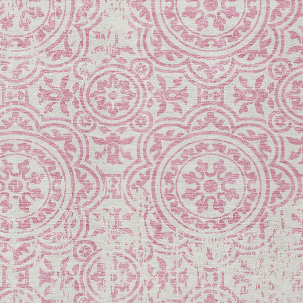 9' X 12' Pink And Ivory Medallion Washable Indoor Outdoor Area Rug