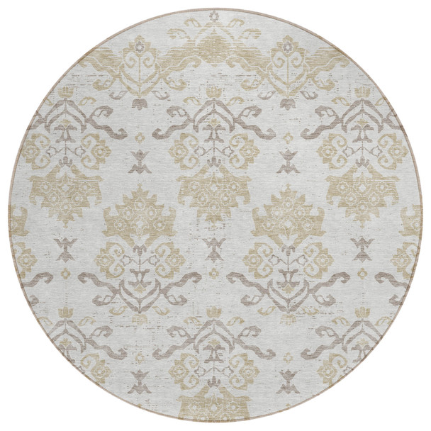 8' Ivory Beige And Taupe Round Oriental Washable Indoor Outdoor Area Rug