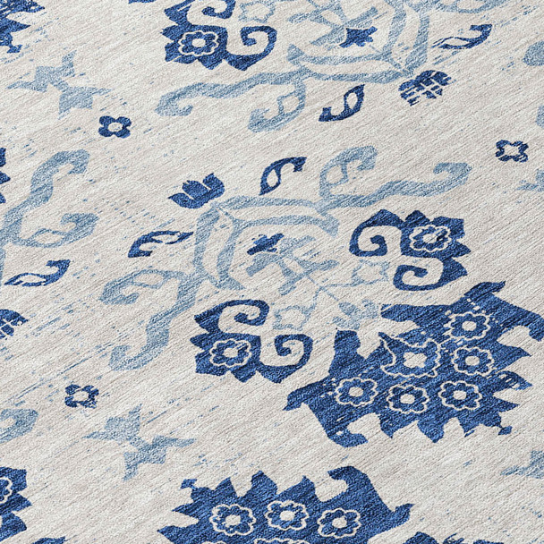 8' Navy Blue Beige And Denim Blue Round Oriental Washable Indoor Outdoor Area Rug