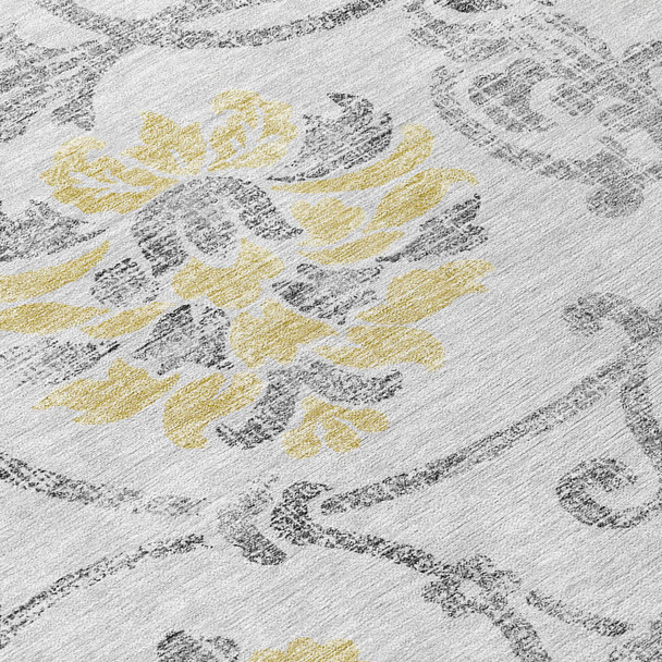 3' X 5' Silver Gray And Gold Floral Washable Indoor Outdoor Area Rug