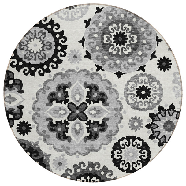 8' Black Gray And Silver Round Floral Medallion Washable Indoor Outdoor Area Rug