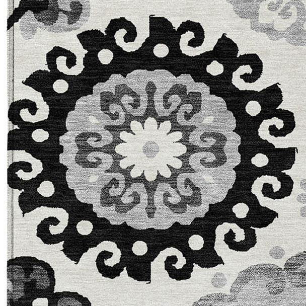 9' X 12' Black Gray And Silver Floral Medallion Washable Indoor Outdoor Area Rug