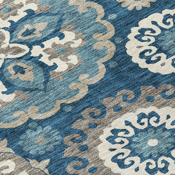 9' X 12' Navy Blue And Taupe Floral Medallion Washable Indoor Outdoor Area Rug