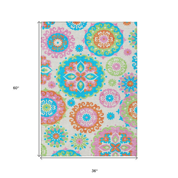 3' X 5' White Orange And Teal Blue Floral Medallion Washable Indoor Outdoor Area Rug