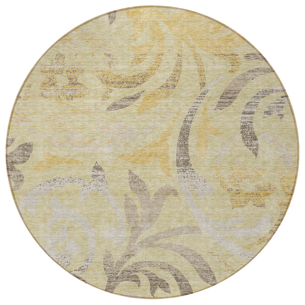 8' Gold Beige And Taupe Round Floral Washable Indoor Outdoor Area Rug