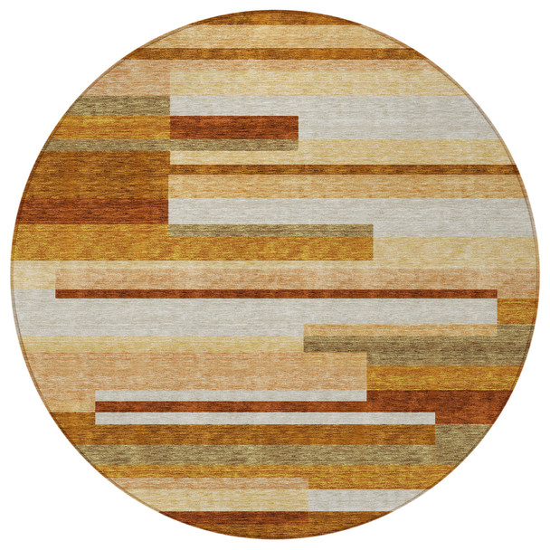 8' Orange Copper And Taupe Round Striped Washable Indoor Outdoor Area Rug