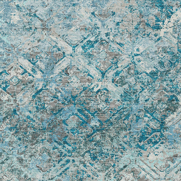 9' X 12' Teal Blue Gray And Charcoal Geometric Washable Indoor Outdoor Area Rug
