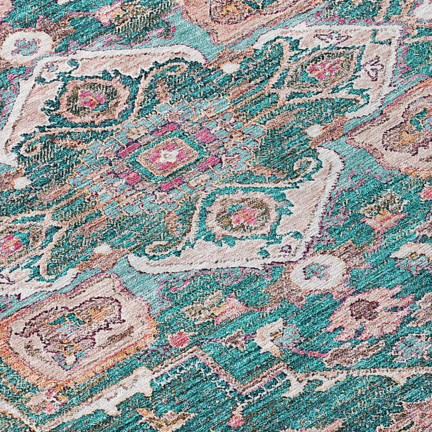 10' X 14' Emerald Teal Blue And Beige Oriental Washable Indoor Outdoor Area Rug