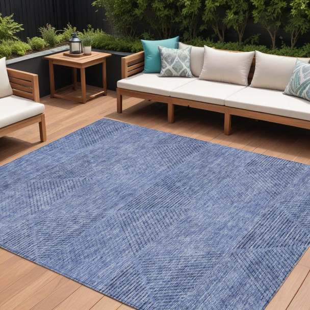 10' X 14' Denim Blue And Sky Blue Geometric Washable Indoor Outdoor Area Rug