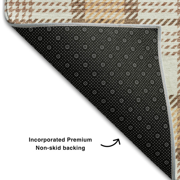 10' X 14' Peach Ivory And Brown Plaid Washable Area Rug With UV Protection