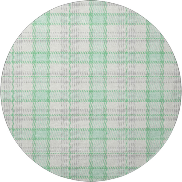8' Aqua Ivory And Green Plaid Washable Round Rug With UV Protection