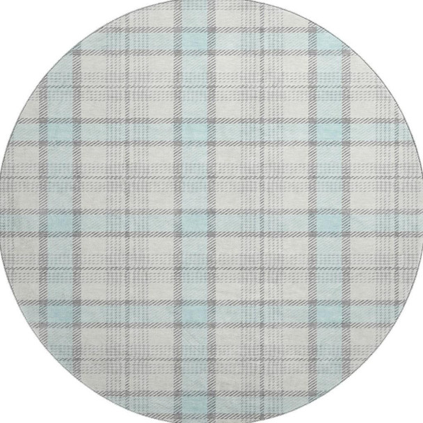 8' Sky Blue Ivory And Gray Plaid Washable Round Rug With UV Protection