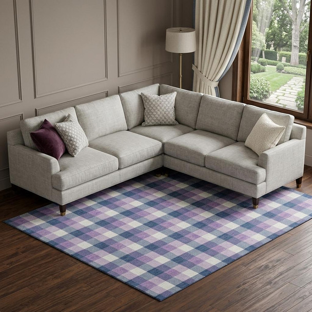9' X 12' Navy Blue Ivory And Purple Plaid Washable Area Rug With UV Protection