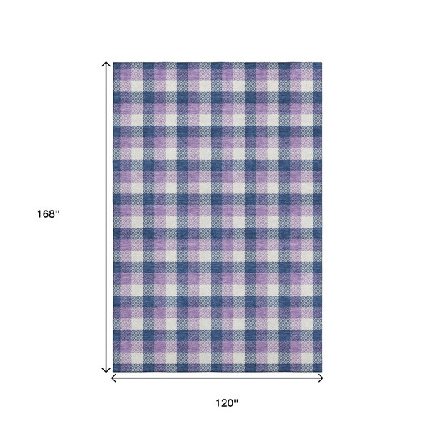 10' X 14' Navy Blue Ivory And Purple Plaid Washable Area Rug With UV Protection