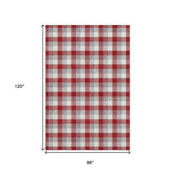 8' X 10' Red Gray And Ivory Plaid Washable Area Rug With UV Protection