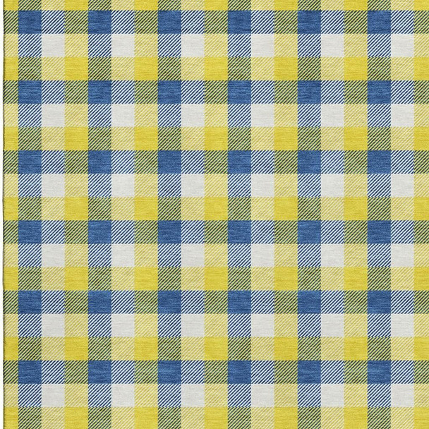8' X 10' Yellow Navy Blue And Ivory Plaid Washable Area Rug With UV Protection