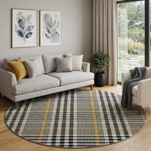 8' Black Ivory And Gold Plaid Washable Round Rug With UV Protection