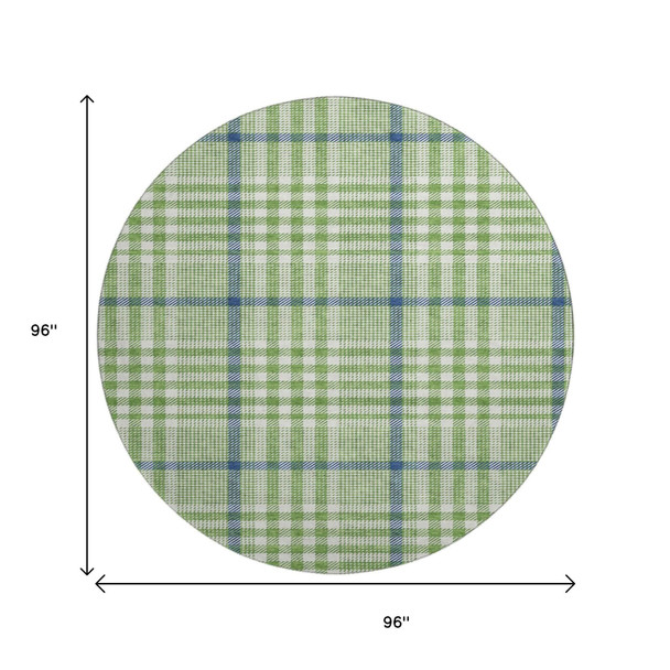 8' Green Ivory And Blue Plaid Washable Round Rug With UV Protection